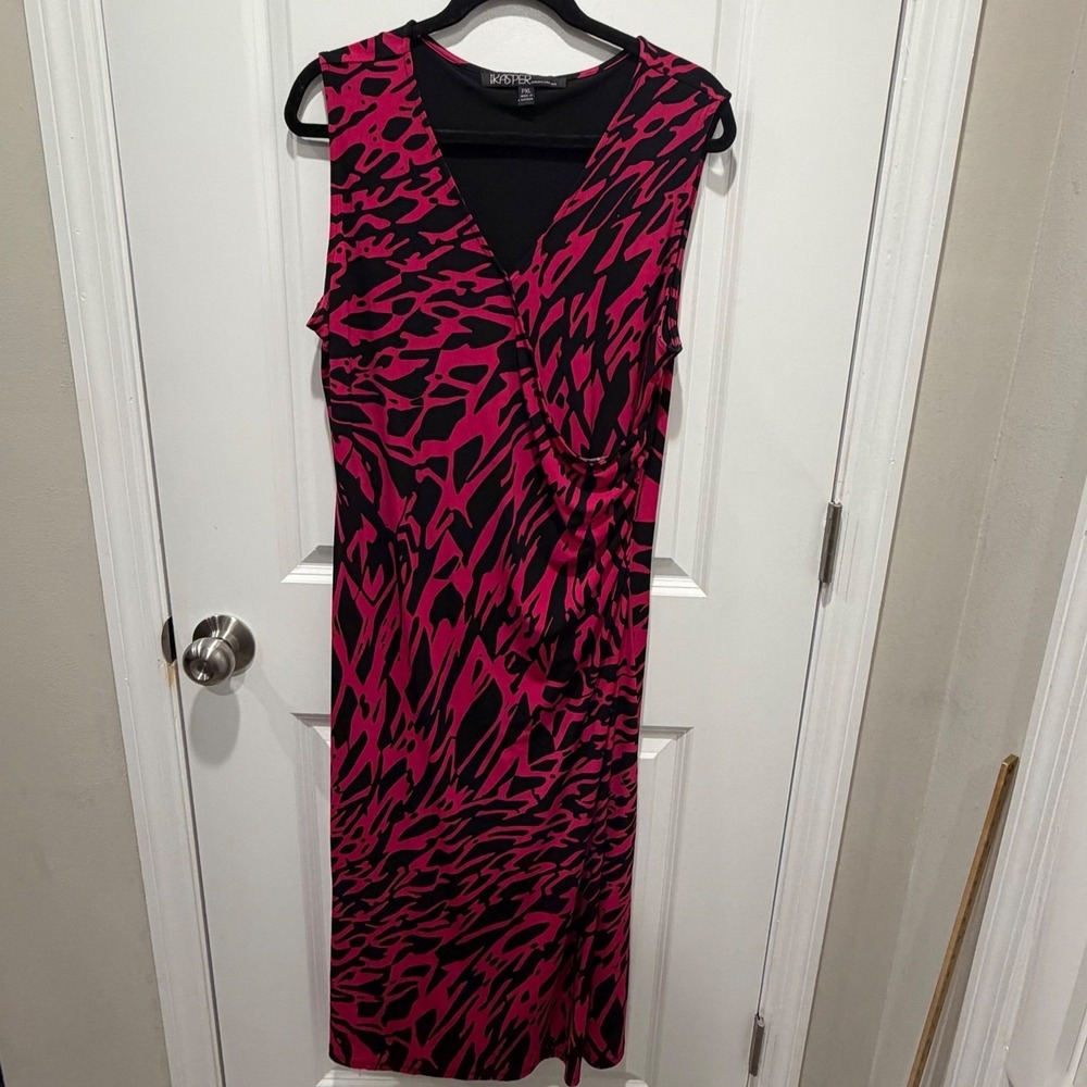 Kasper Womens Dress Abstract Animal Print Faux Wrap Pink Black PXL - Picture 1 of 12